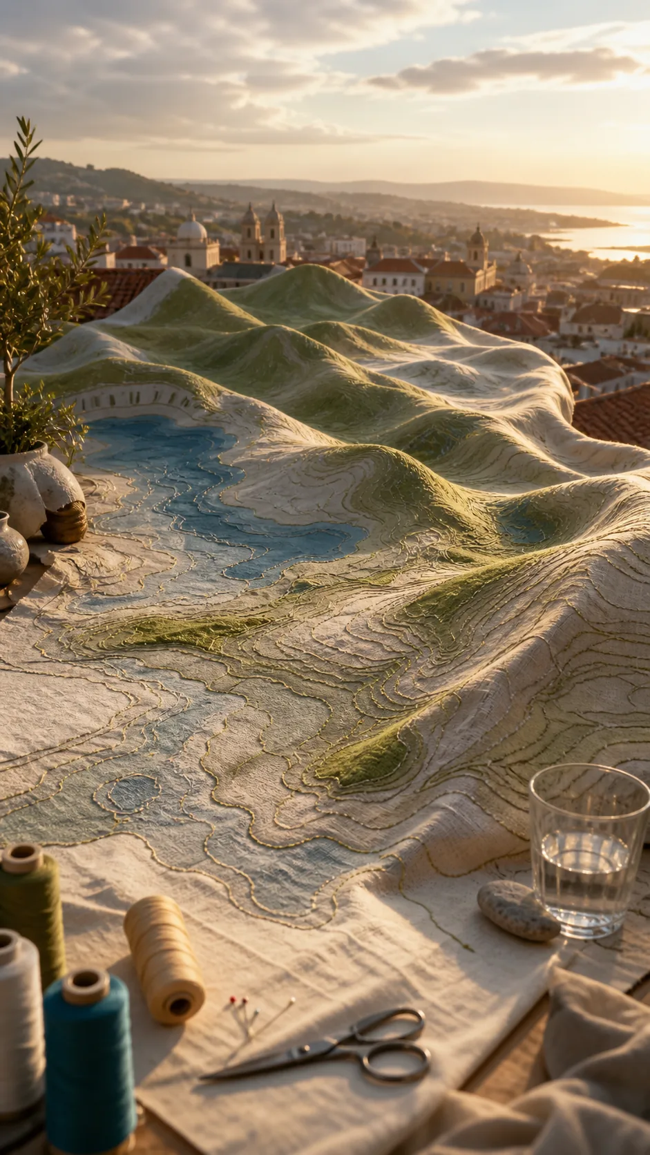 Mapa topográfico textil que se convierte en colinas reales sobre una mesa de costura, con una ciudad costera al fondo