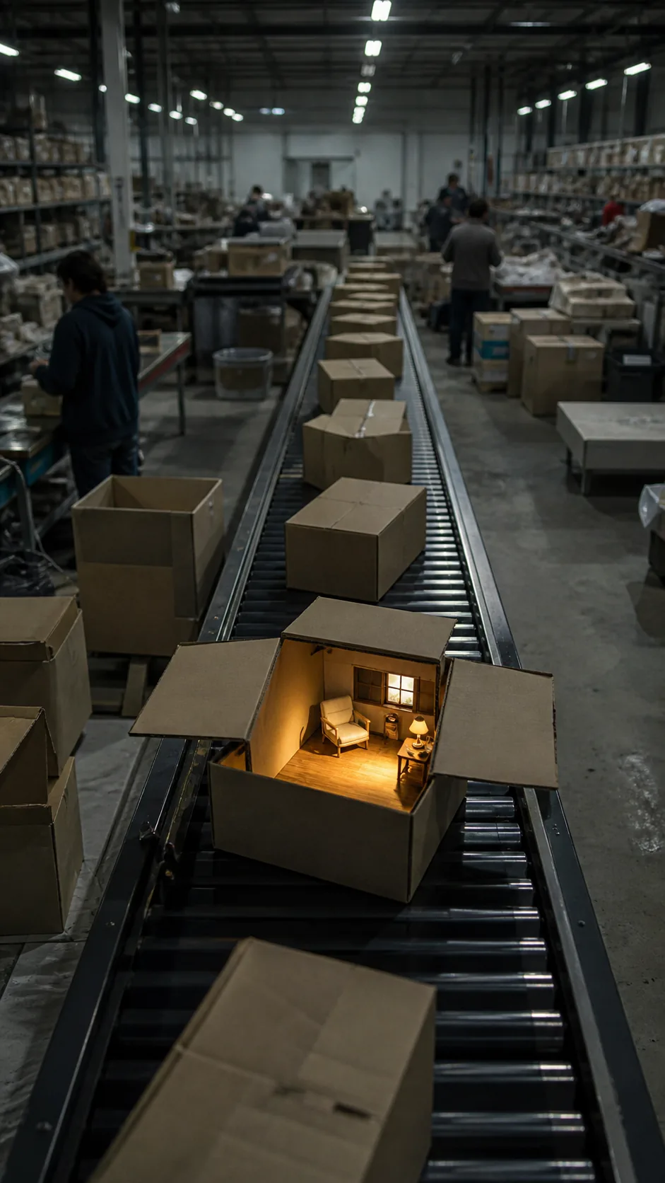 Caja abierta con una habitación cálida en miniatura sobre una cinta transportadora de un almacén