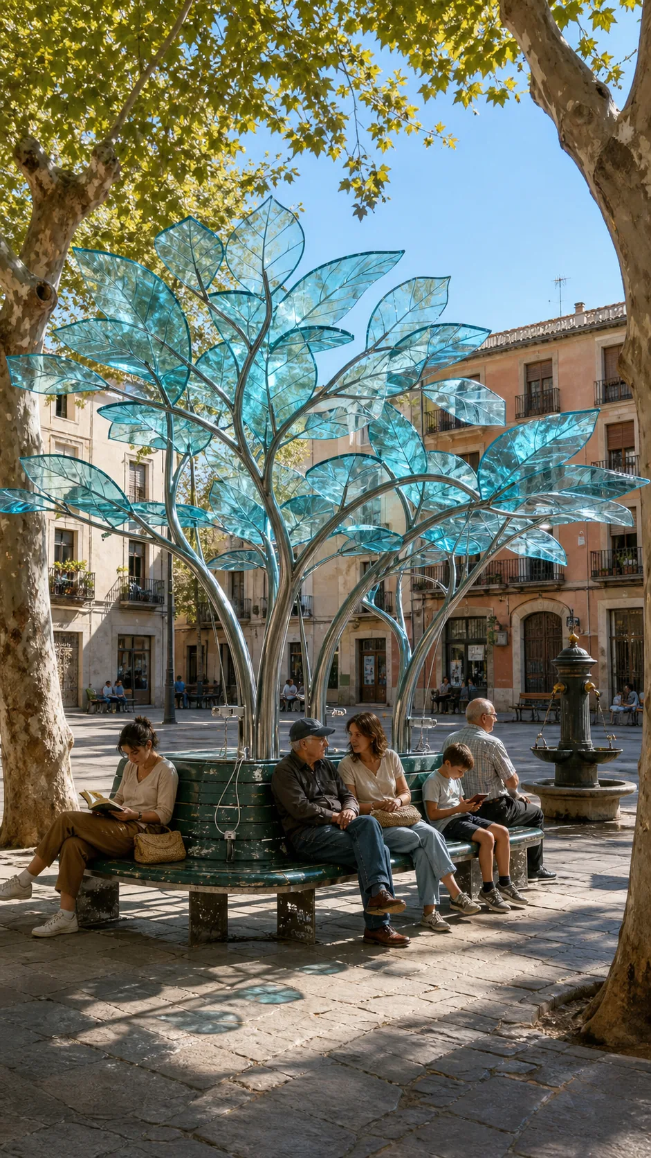 Árbol escultórico de hojas de vidrio azul que da sombra a vecinos en una plaza de barrio