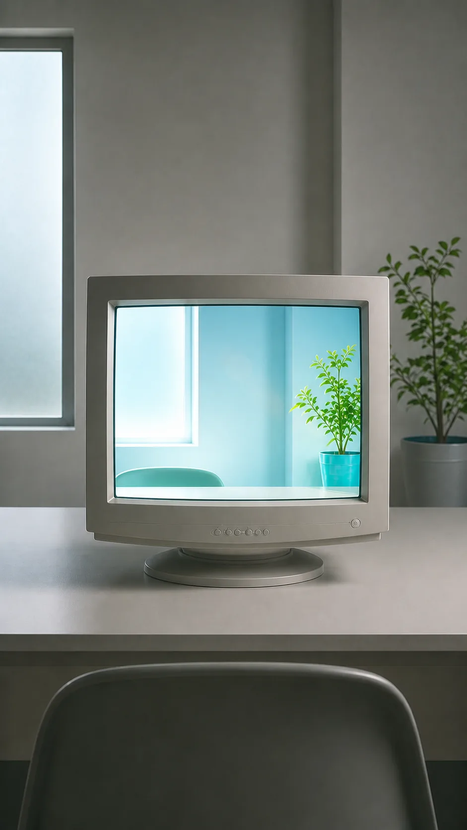 Monitor CRT con una pantalla azul luminosa que muestra una ventana y una planta en una habitación vacía