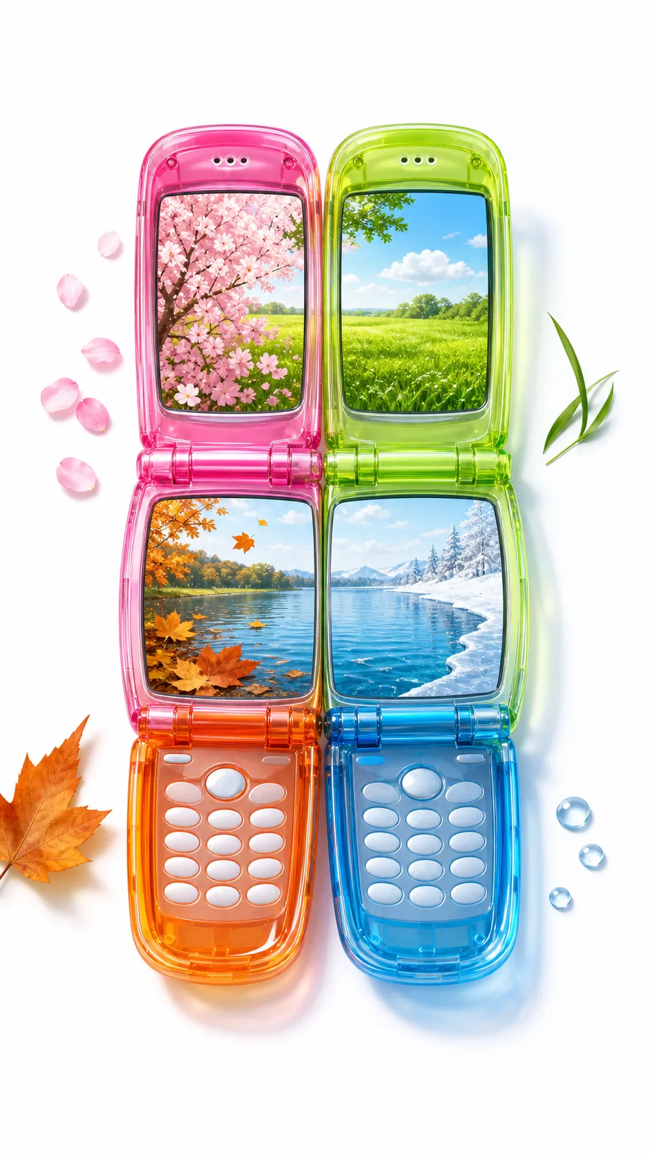 Cuatro teléfonos plegables transparentes de colores, cada uno con una estación del año en la pantalla