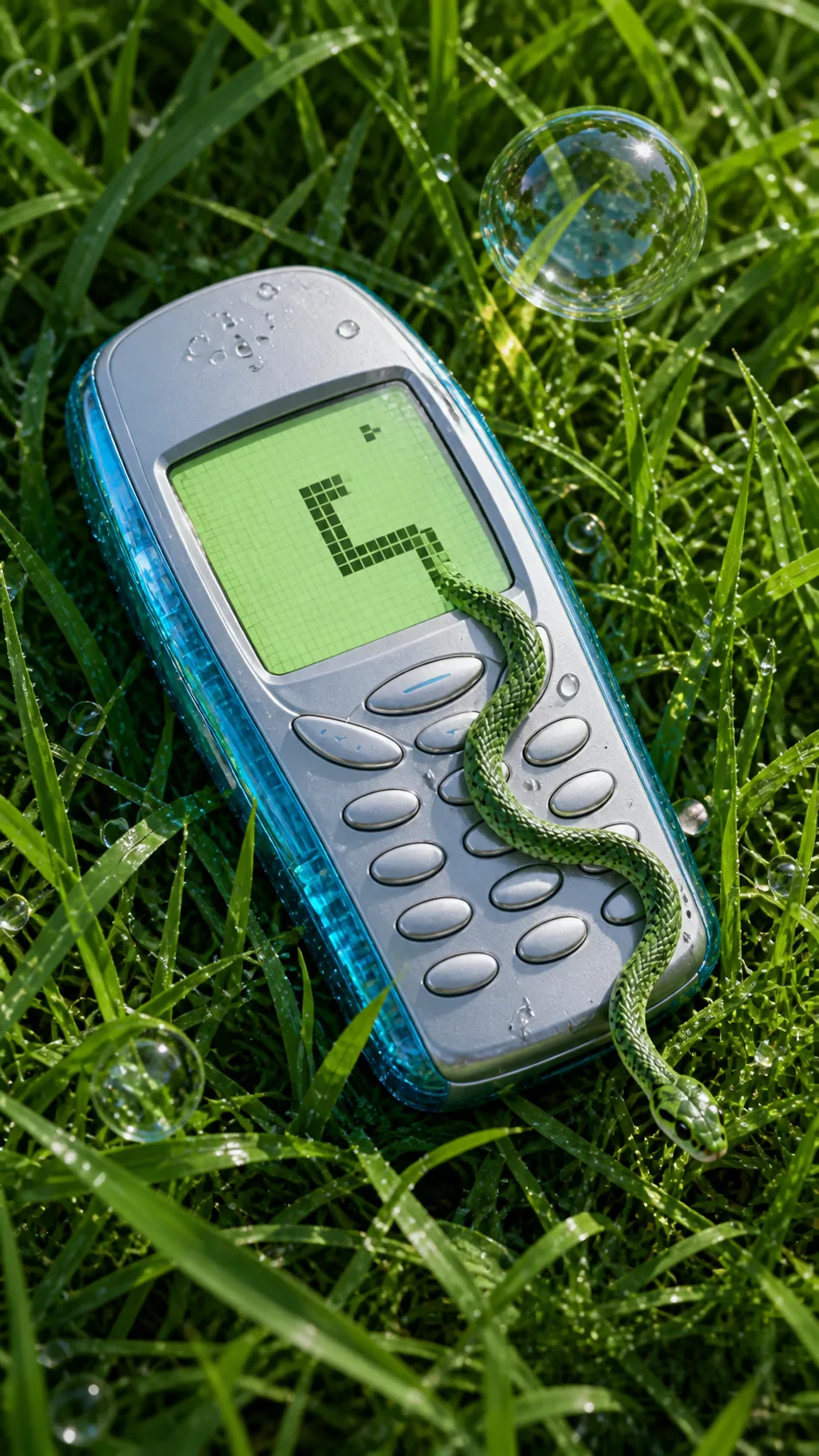 Serpiente real que sale del píxel de un teléfono móvil ficticio sobre hierba cubierta de rocío