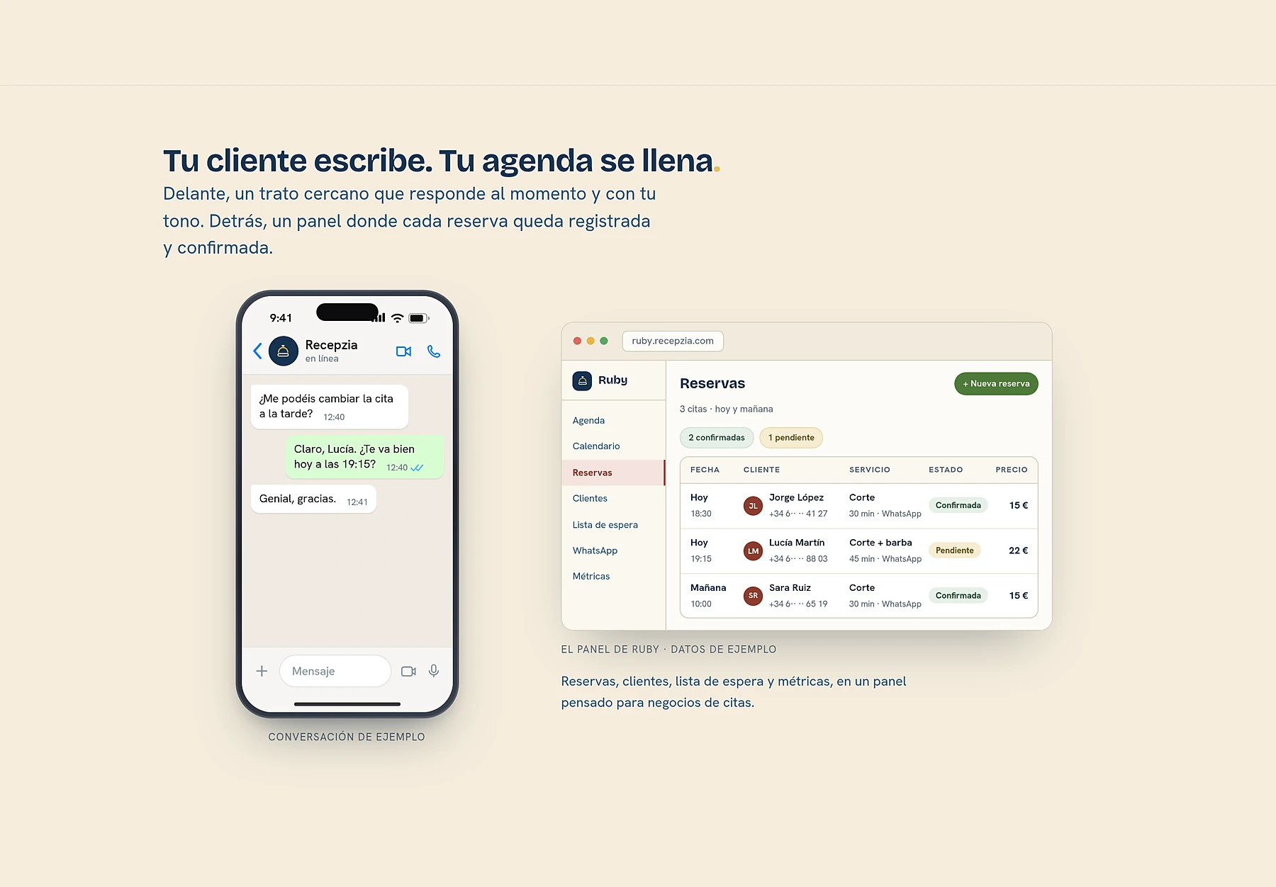 Panel Ruby: la agenda del negocio con reservas, clientes y lista de espera