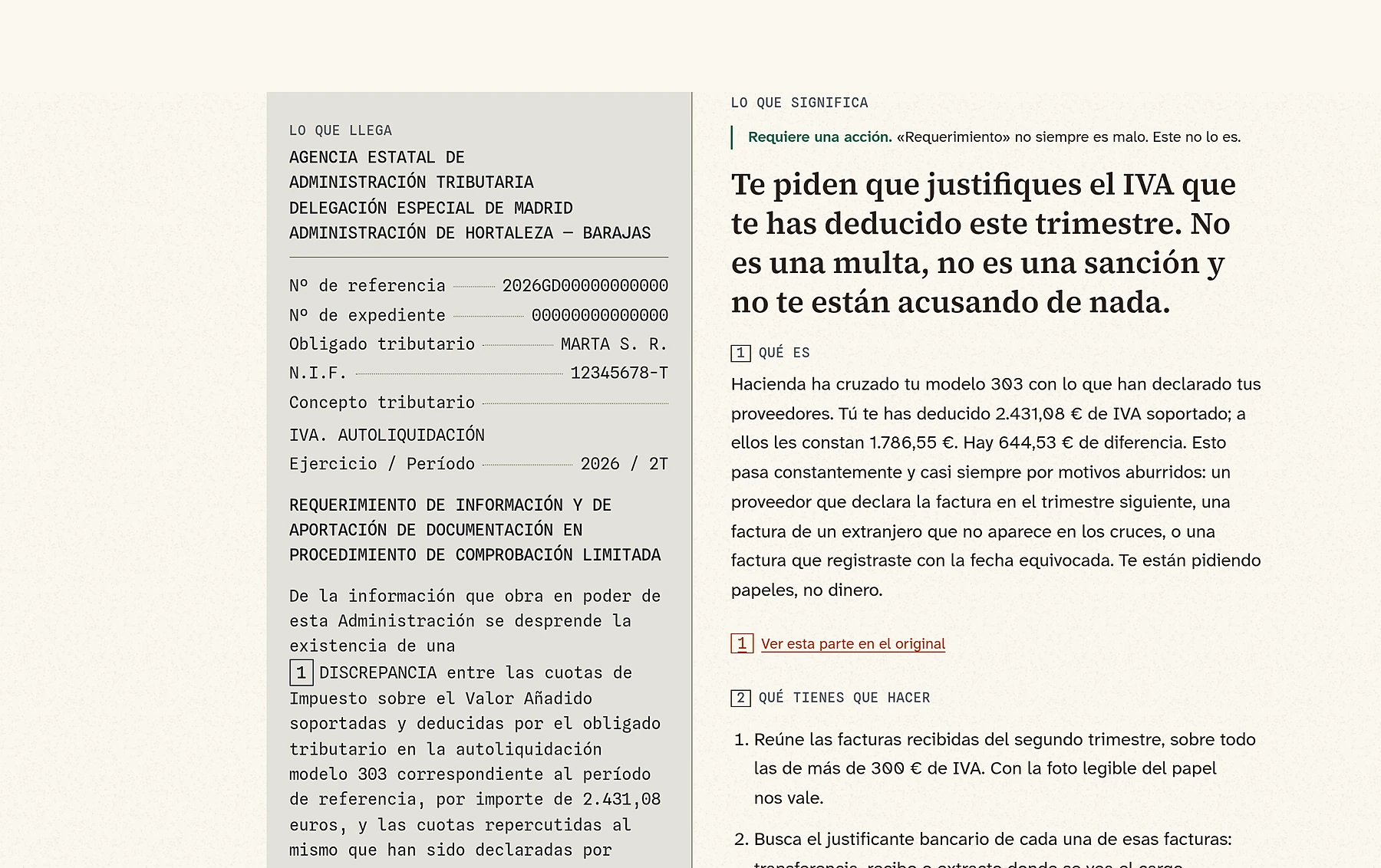 Página del Traductor: la notificación y su traducción, cara a cara